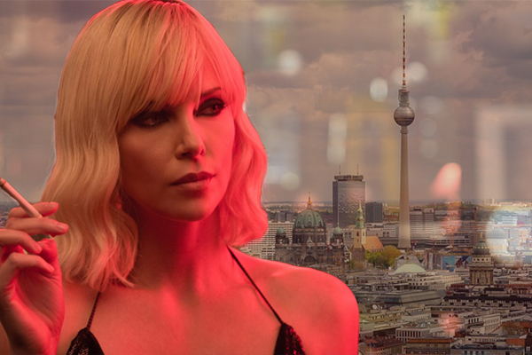From back: Charlize Theron in "Atomic Blonde;" Berlin. (Credit: BagoGames Flickr; Pixabay)