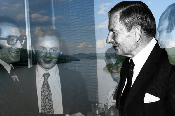 From front: David Rockefeller on a visit to Bahrain and the UAE in 1979; Hudson River from Bear Mountain Bridge. (Credit: Hashmoder)