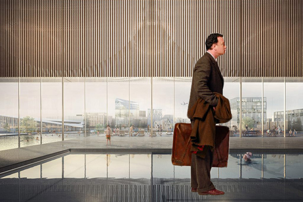 From back: Rendering of Oslo Airport City; Tom Hanks in "Terminal." (Credit: Oslo Airport City; Gisela Giardino/Flickr)