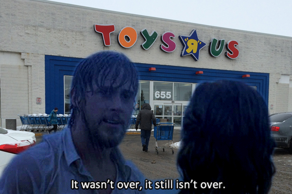 From back: Toys 'R' Us in Montarville, QC, Ryan Gosling and Rachel McAdams in The Notebook. (Credit: Mike Kalasnik, Funny Gifs)