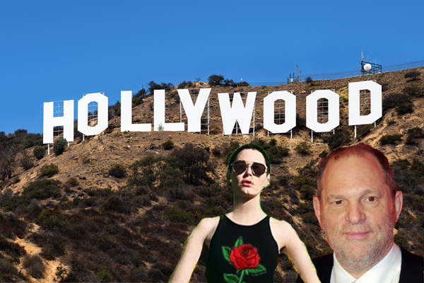 From left: Hollywood Sign, Rose McGowan, Harvey Weinstein. (Credit: Thomas Wolf/Wikimedia Commons CC BY-SA 3.0; Twitter; David Shankbone)