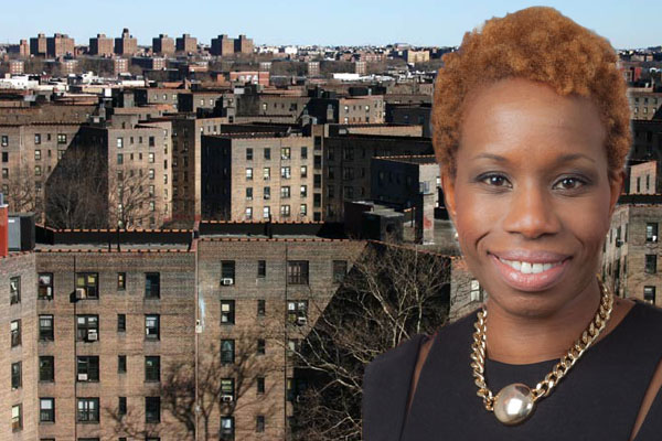 From left: Queensbridge Houses, NYCHA Chairwoman Shola Olatoye. (Credit: City of New York)