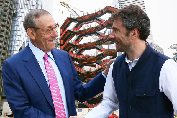 Thomas Heatherwick and Stephen Ross in front of Vessel, which topped out in late 2017. (Credit: courtesy of Related-Oxford)