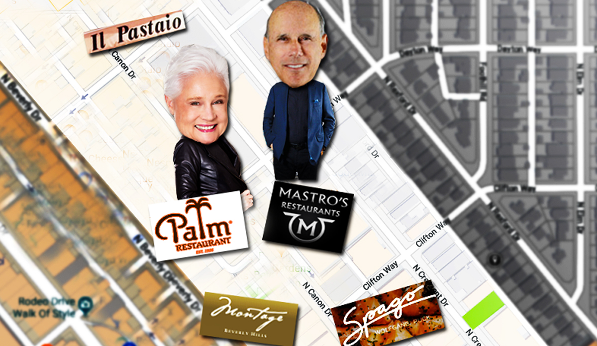 Photo illustration: Coldwell Banker's Joyce Rey and Hilton &amp; Hyland's Jeff Hyland, with Canon Drive restaurants
