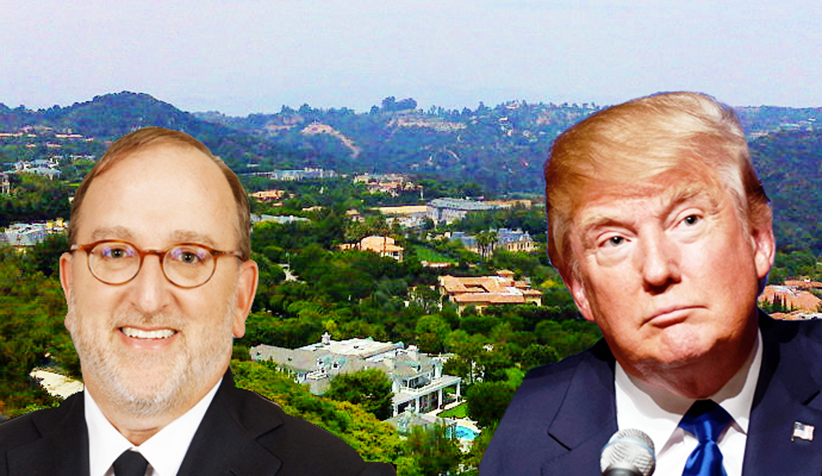 Ed Glazer and Donald Trump, with the Beverly Park gated neighborhood (Credit: buccaneers.com, Wikimedia Commons)