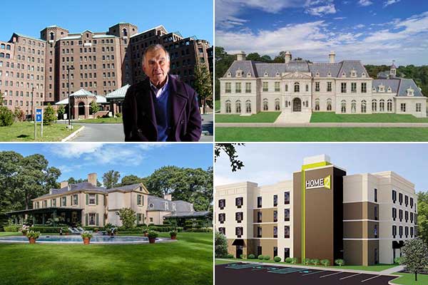Clockwise from top left: Jerry Wolkoff's plans for Pilgrim State Psychiatric Center in Brentwood face opposition, a Versailles-inspired mansion in Old Brookeville is listed at $60 million, The Boulevard got a boost from the Brookhaven IDA, and Old Westbury's Hastings House sold for $7 million.