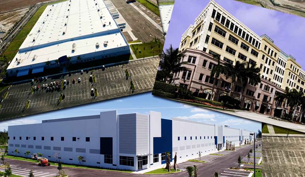 Clockwise from top left: AVE Aviation &amp; Commerce Center, Mizner Park Office Tower and Miami Industrial Logistics Center