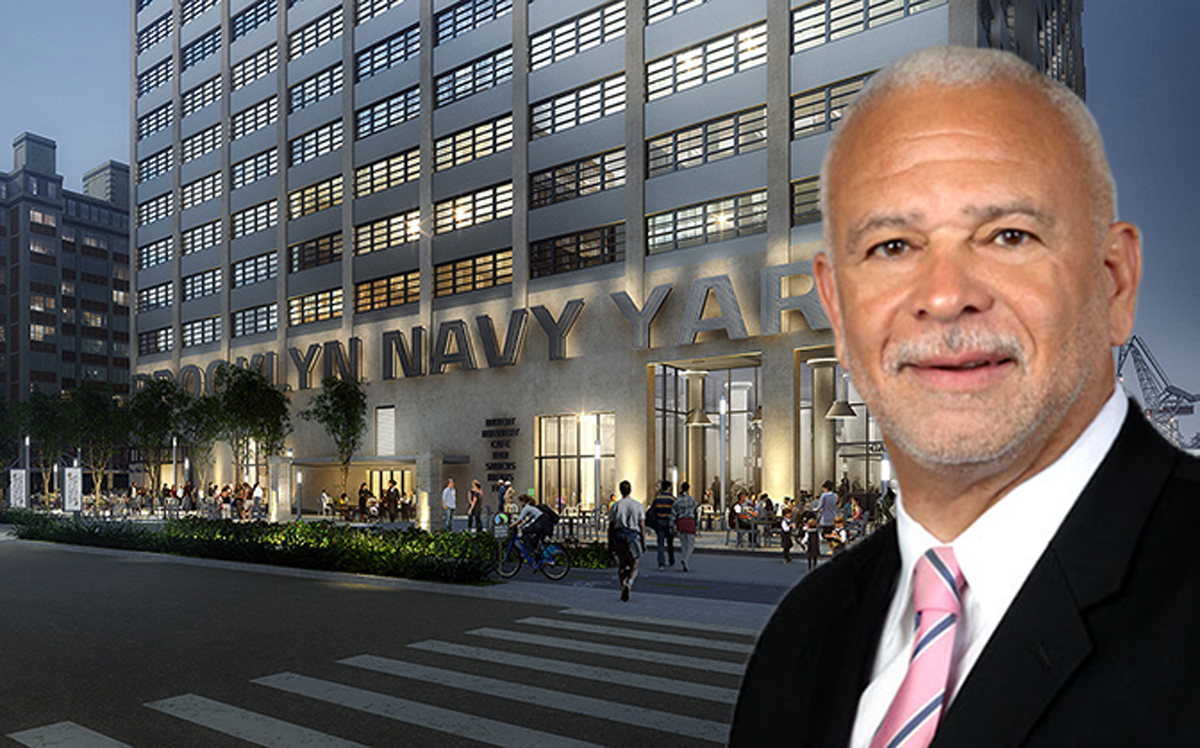 Michael Kelly and a rendering of the Brooklyn Navy Yard