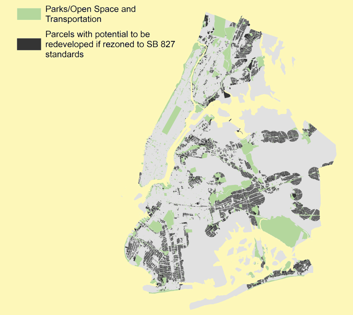 Areas of NYC that could accommodate more housing density (Credit: Regional Plan Association; Click to enlarge)