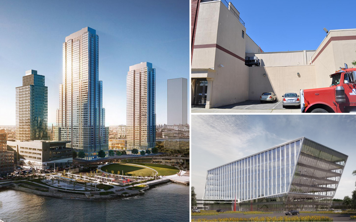 Clockwise from left: A previous rendering of 52-41 Center Boulevard 147-07 94th Avenue and 1441 South Avenue (Credit: ODA and CetraRuddy)