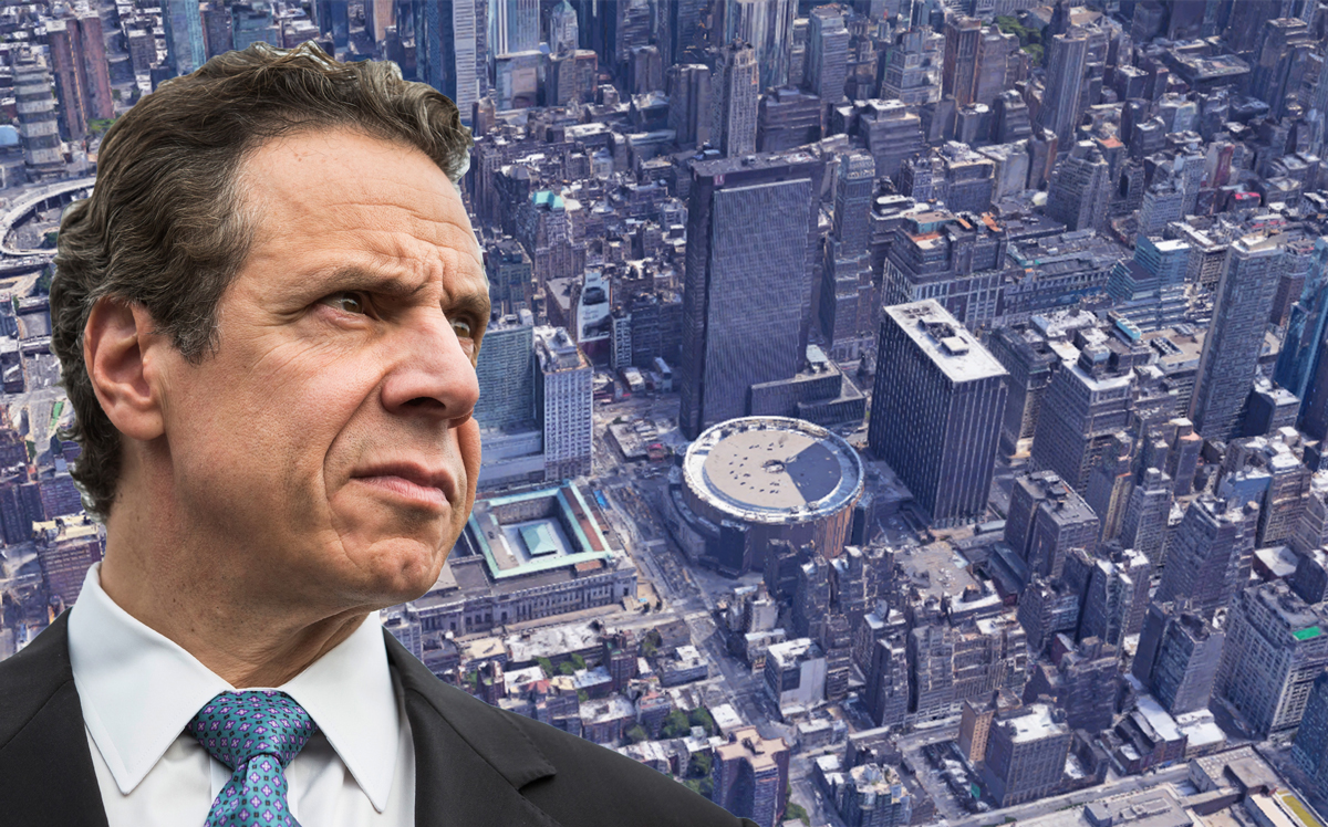 Gov. Andrew Cuomo, Penn Station and the surrounding land (Credit: Getty Images and Google Maps)