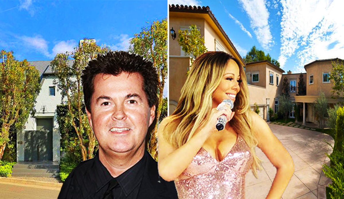 Simon Fuller and his former Beverly Hills home, Mariah Carey and the mansion (Credit: Zillow, IMDB, Wikipedia)