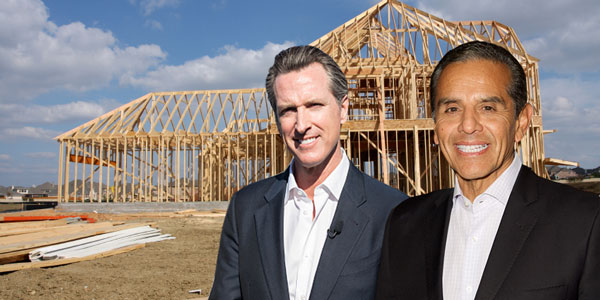 Home under construction, with Gavin Newsom, left, and Antonio Villaraigosa, right (Getty)