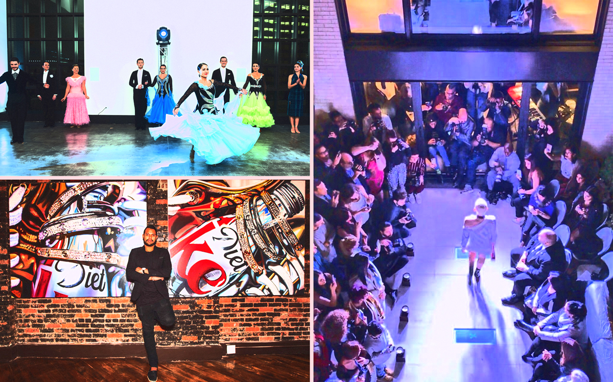 Clockwise from top left: Ballroom dancing at 100 Barclay Street, a fashion show at 251 East 61st Street and an art show at 45 Lispenard Street