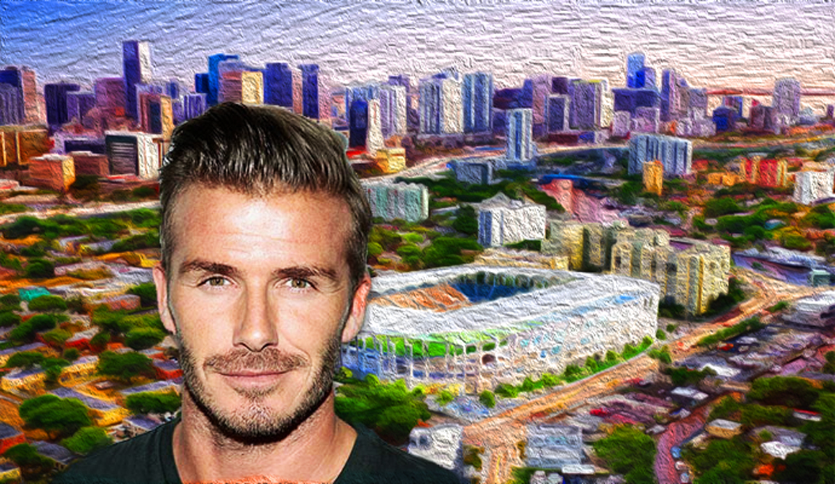 David Beckham and rendering of the soccer stadium his group planned to build in Overtown.