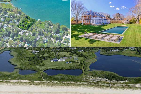 Clockwise from top left: A Sag Harbor bungalow on less than an acre sold for $10.15 million, rentals in East Hampton are the most searched this year, and the owner of 42 acres in Water Mill is seeking permits to subdivide.