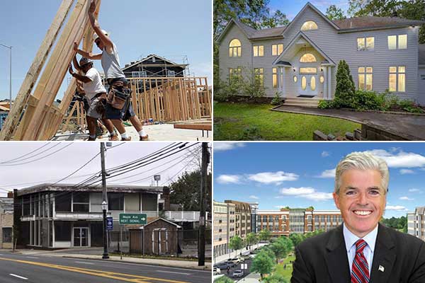 Clockwise from top left: Construction jobs on Long Island are down slightly, home prices in Nassau and Suffolk Counties rose, Suffolk County Executive Steve Bellone wants to develop a "new suburbia," and apartments are planned at the now demolished Nassau-Suffolk Lumber and Supply Corp. in Smithtown.