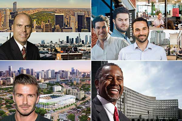 Clockwise from top left: CEO Doug Yearley of Toll Brothers, Fifth Wall’s Brendan Wallace and Brad Greiwe with Industrious’ Jamie Hodari, HUD Secretary Ben Carson, David Beckham's planned MLS stadium in Miami.