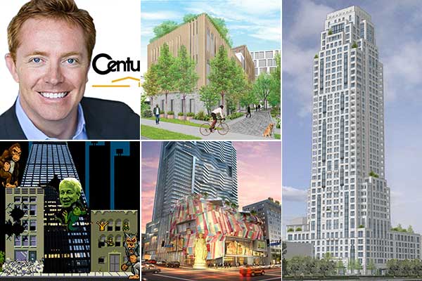 Clockwise from top left: Century 21 CEO Nick Bailey, Boston Real Estate Collaborative's development with a roof top farm, Robert A.M. Stern Architects designed a 39-story building in Minneapolis, LA approved the Lake on Wilshire and JPMorgan is preparing to demolish its NYC home.