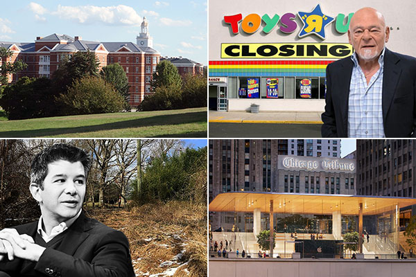 Clockwise from top left: 80 acres at the Armed Forces Retirement Home in D.C. could be redeveloped, Sam Zell has harsh words for retail real estate, Chicago's new flagship Apple store is for sale, and Travis Kalanick is driving into real estate.