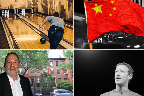 Clockwise from top left: Social amenities drive down value of apartment buildings, Chinese investment in the US drops, Facebook sued over housing ads and Harvey Weinstein sold his NYC home.