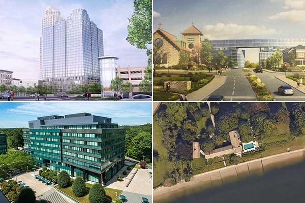 Clockwise from top left: Fisher Development's proposed tower in New Rochelle, WP Development's plans for the historic Good Counsel Academy site in White Plains, Harvey Weinstein sold two more properties in Westport, and BLT's Towers complex in Norwalk will soon house FactSet's HQ.