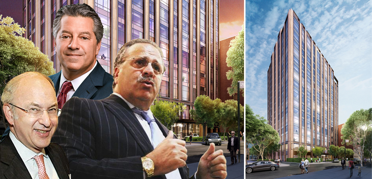 From left: Rendering of Gramercy Square, David Bistricer, Marc Holliday and Joseph Chetrit (Credit: Avoid Obvious)