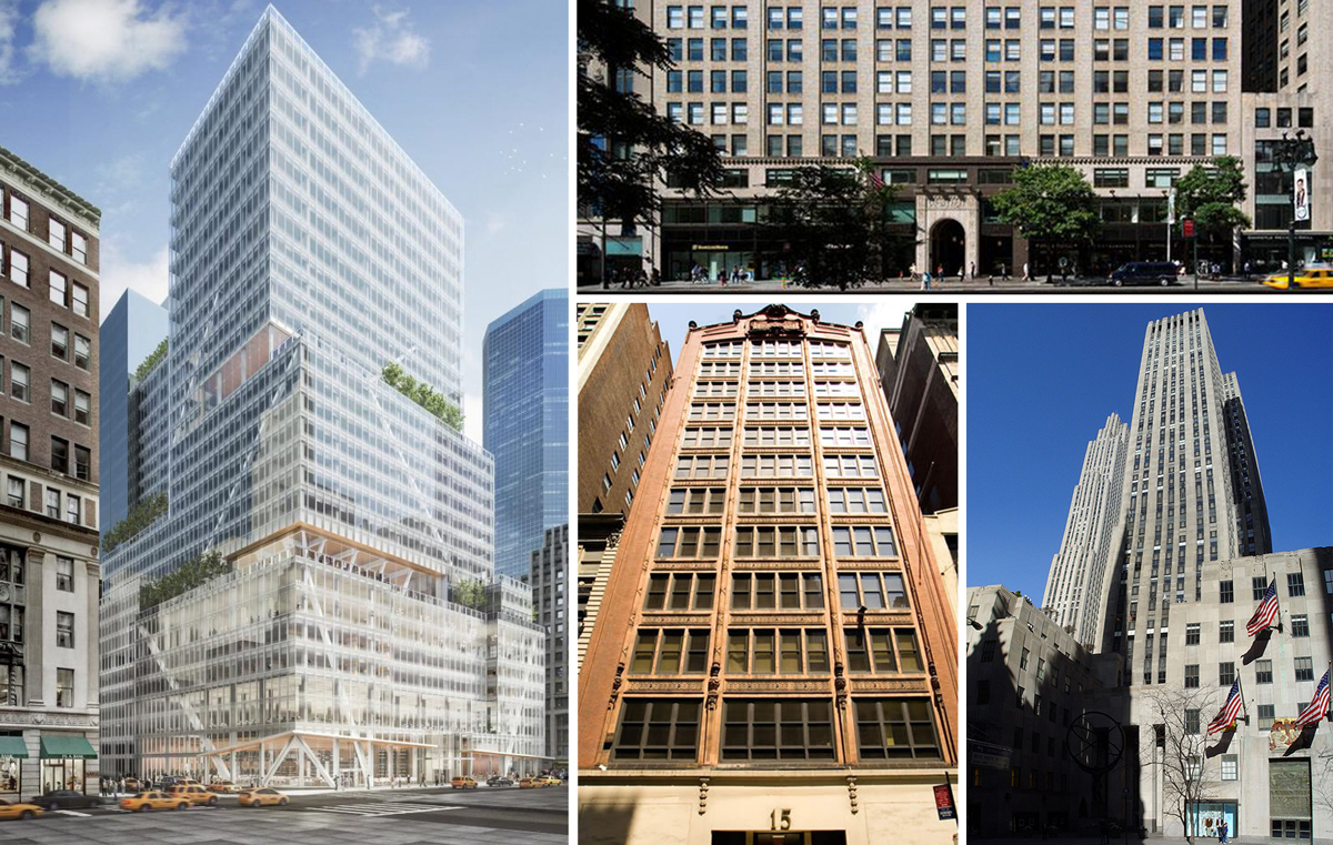 Clockwise from left: 390 Madison Avenue, 11 West 42nd Street, 630 Fifth Avenue and 15 West 38th Street