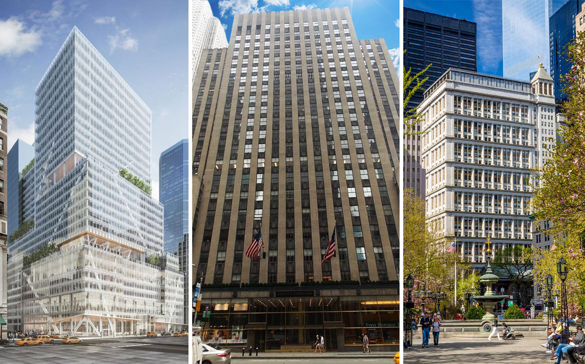 From left: 390 Madison Avenue, 1230 Sixth Avenue and 195 Broadway