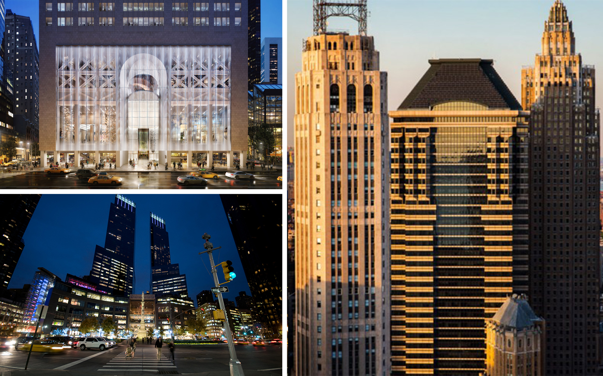 Clockwise from top left: 550 Madison Avenue,60 Wall Street and the Time Warner Center
