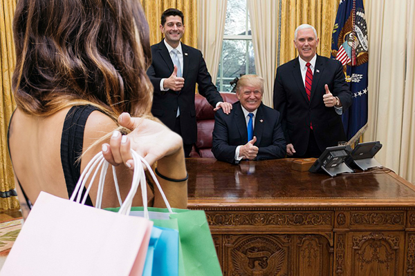 House Speaker Paul Ryan, President Donald Trump, and Vice President Mike Pence celebrate tax overhaul passage on December 20, 2017. (Credit from back: Official White House Photo by Joyce N. Boghosian, Pixabay)