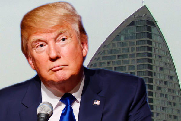 From left: Donald Trump in August 2015, the former Trump Hotel in Baku. (Credit: Michael Vadon, Chuck Morave)