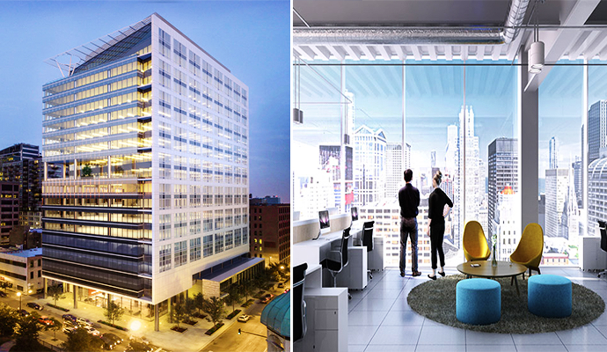 From left: Rendering of the outside of 625 West Adams Street and inside the office tower at 151 North Franklin Street