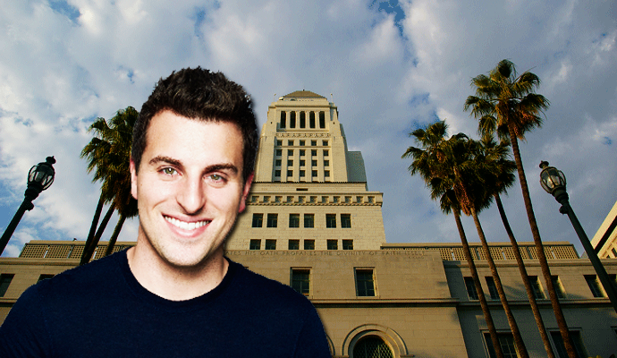 Los Angeles City Hall and Brian Chesky (Credit: Wikimedia Commons)