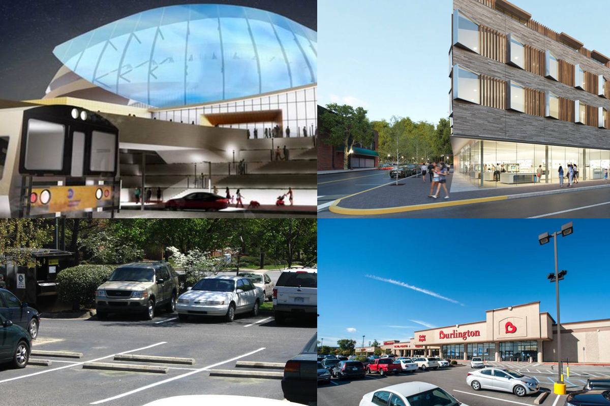 Clockwise from top left: Suffolk officials approved a $1 billion arena for Ronkonkoma, Great Neck weighs a mixed-use building, New Hyde Park's Kimco Realty sold 21 of its shopping centers and a residential development is three parking spaces shy of approval.