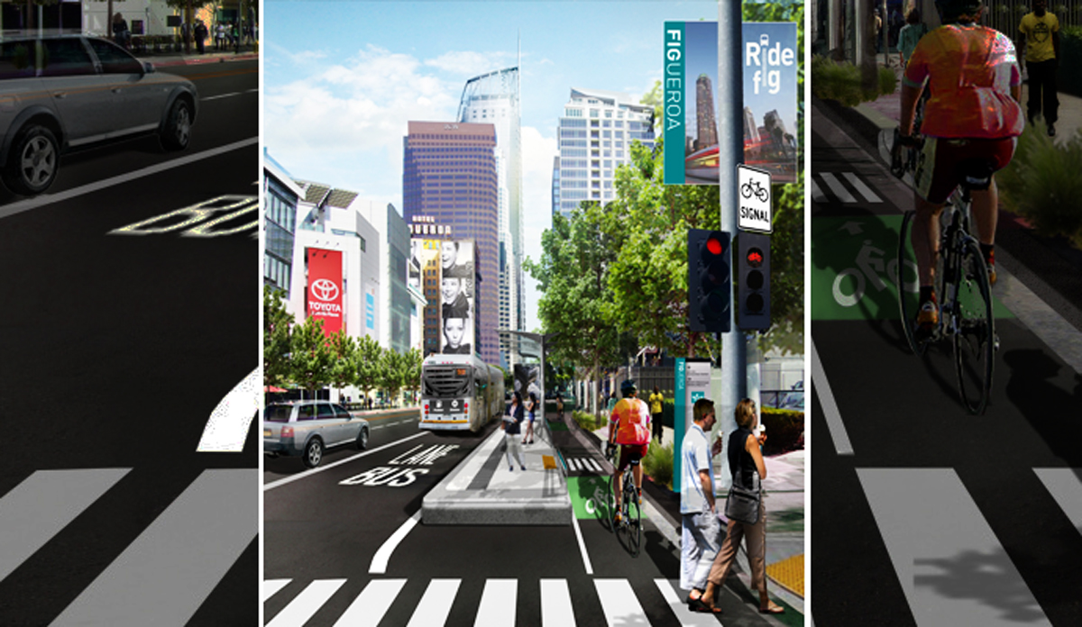 An artist''s rendering shows a protected bike lane that will be built on Figueroa Street as part of the My Figueroa project (Credit: LA Department of Transportation)