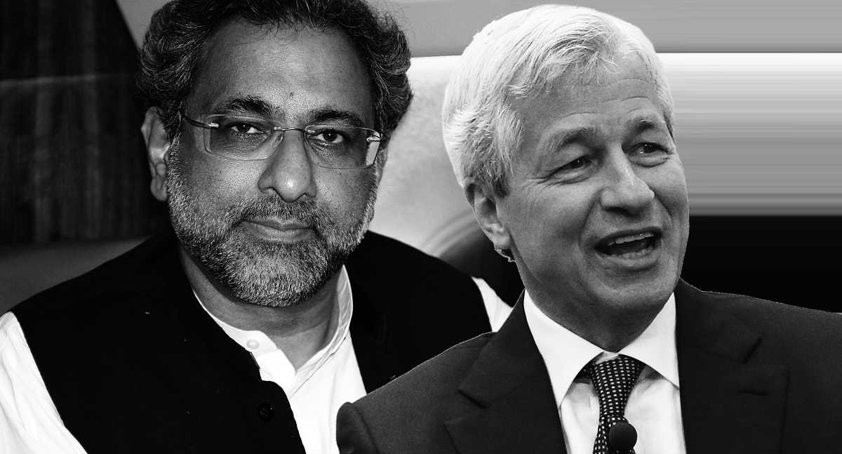 Prime Minister Shahid Khaqan Abbasi and Jamie Dimon (Credit: Wikimedia Commons and Getty Images)
