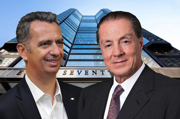 (from left) DWS CEO Nicholas Moreau and Global Holdings' Eyal Ofer with 875 Third Avenue (credit: Wikimedia Commons, Global Holdings)