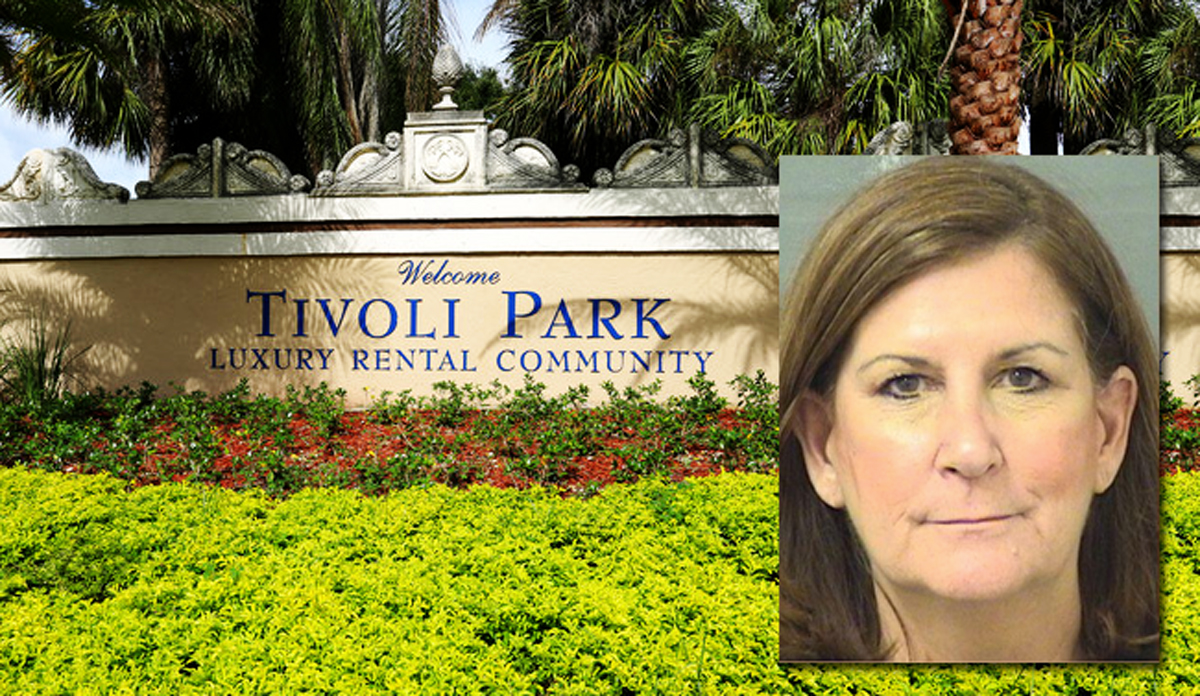 Tivoli Park and Susan Haynie mugshot (Credit: Palm Beach County Jail and apartments.com)