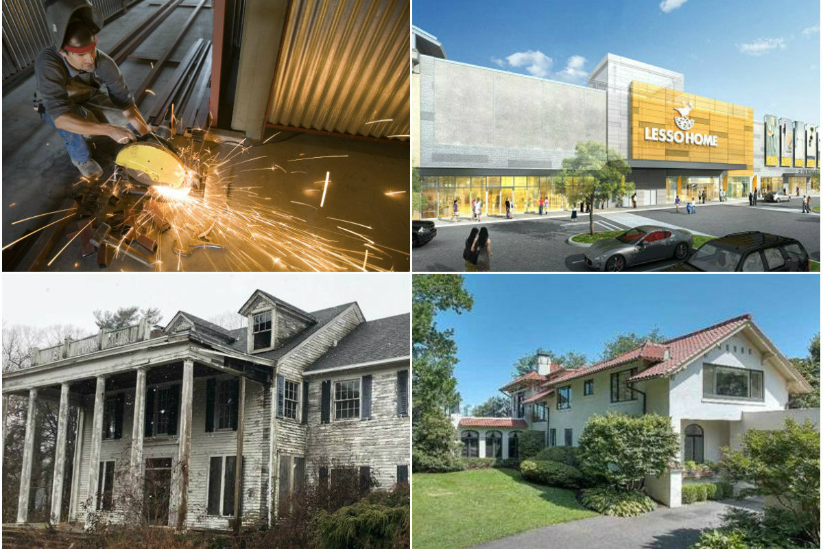 Clockwise from top left: a group wants to strike down job site union rules, Westbury mall redevelopment launches, home prices up and the owner of historic Ebo Hill mansion pledges to rebuild after fire.