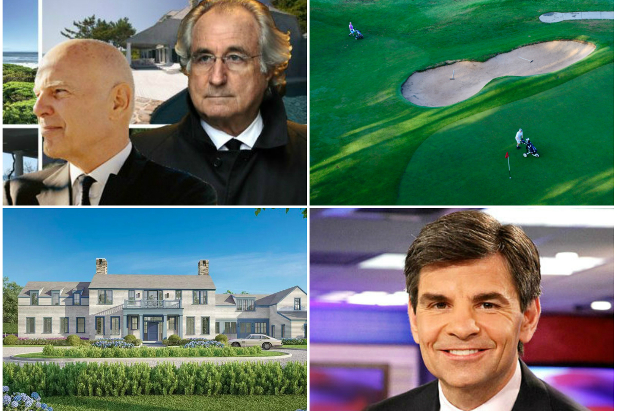 CLockwise from top left: Vornado's Steven Roth is listing Bernie Madoff's onetime Montauk home for $21M, a developer has filed a $100M lawsuit against Southampton for blocking its project, George Stephanopoulos found a buyer for his Southampton home and a group of three properties on Sag Harbor's Main Street are on the market for $12M.