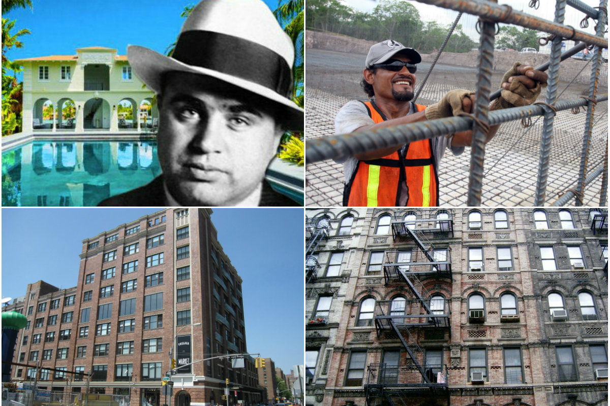 Clockwise from top left: Al Capone's Miami home lists for $15M, construction costs are up nationwide, apartment rental prices jump and insiders predict a tech migration to New York City.