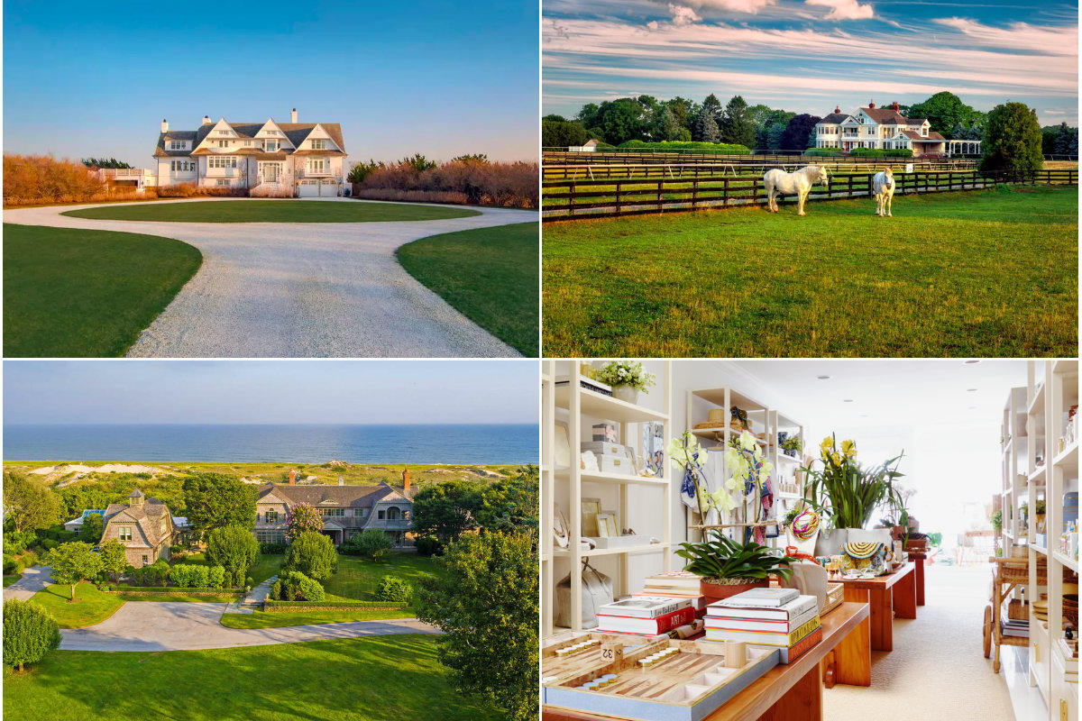 Clockwise from top left: Beachfront Southampton home lists for $53.5M, Martha Clara winery on North Fork sells $15M, East Hampton storefronts sit empty or under construction as summer approaches and East Hampton home of late Goldman Sachs partner sells for $40M.