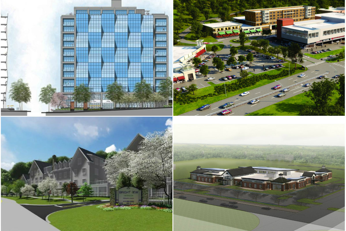 Clockwise from top left: Office conversions had a strong Q1, the Rivertowns Square sold for $69M, Newtown hopes to bring more development and locals are trying to stop an approved senior center in Harrison.