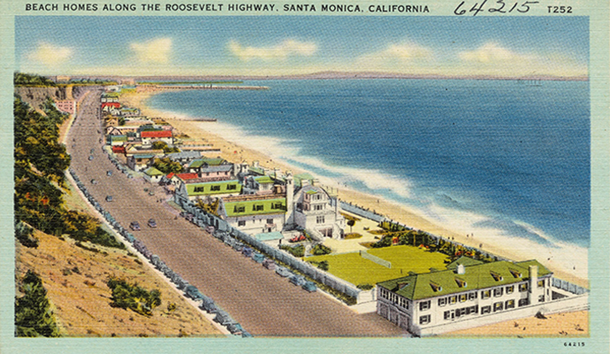 A postcard circa 1930 and circa 1945 of beach homes along the Roosevelt Highway in Santa Monica, California