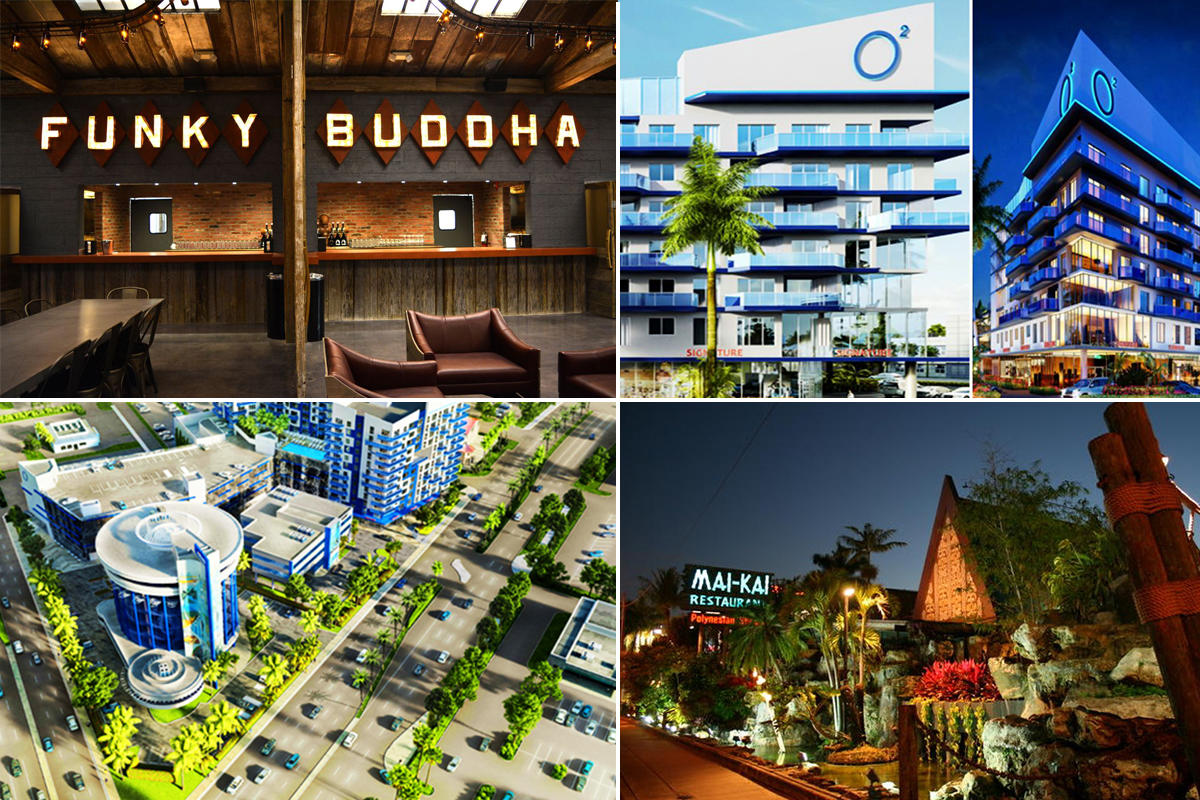 Clockwise from top left: Funky Buddha Brewery, Rendering of Round Corner, and Mai-Kai Restaurant (Credit: Funky Buddha, Oakland Park, and Mai-Kai)