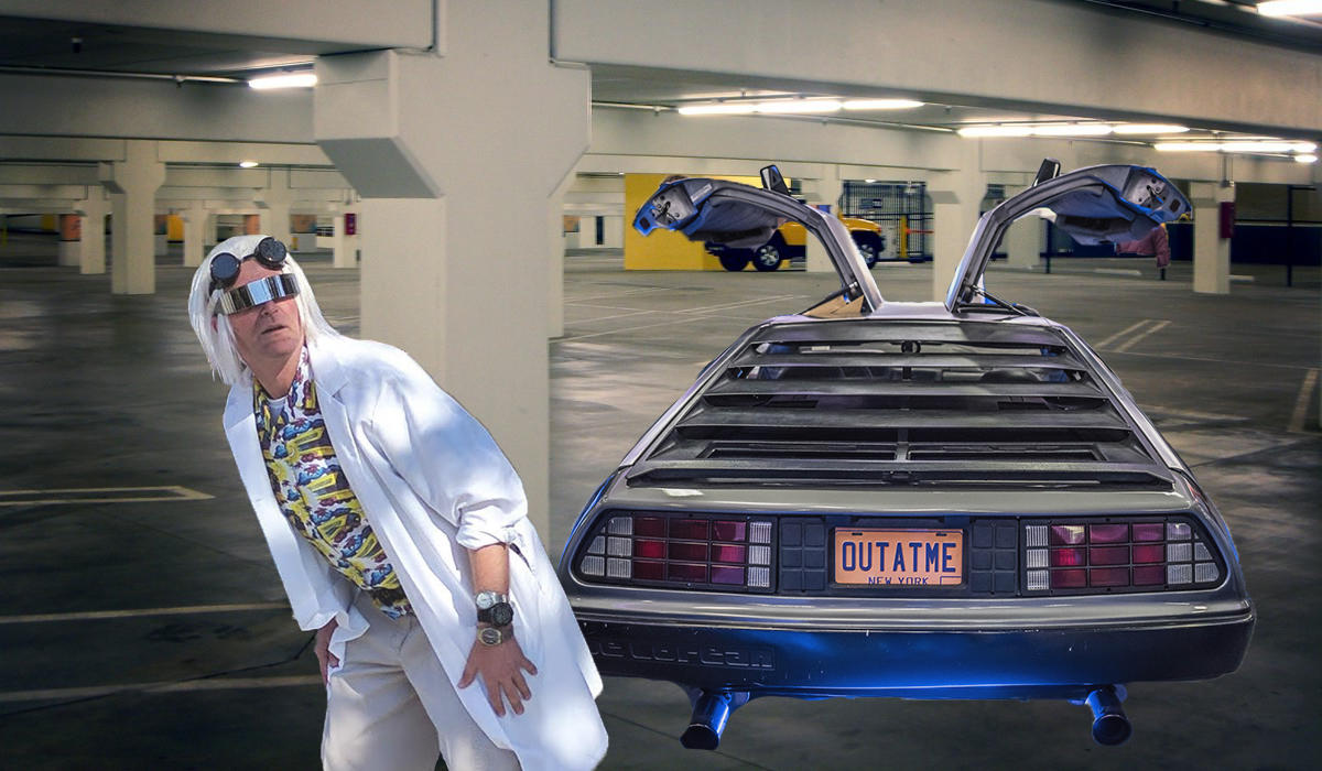 Doc Brown and his DeLorean in a Manhattan Parking Garage (Credit: Youtube)
