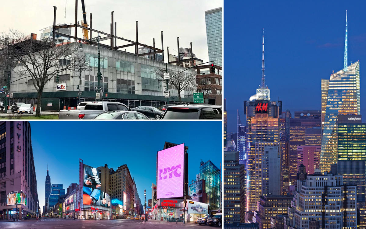 Clockwise from top left: 660 12th Avenue, 4 Times Square and 435 Seventh Avenue