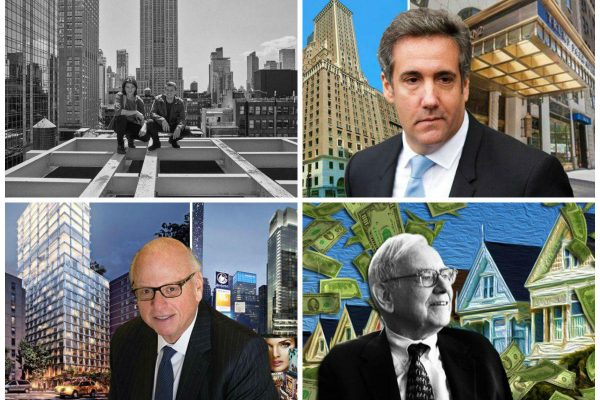 Clockwise from top left: WeWork hires Bjarke Ingels as its 'chief architect' (credit: Alexei Hay via WeWork), Michael Cohen puts up apartment as collateral for loans (credit: Getty Images and CityRealty), Warren Buffet buys Brookfield out of brokerage (credit: PxHere, Pixabay, Wikimedia Commons) and Douglas Elliman loses $8.1 million in Q1.