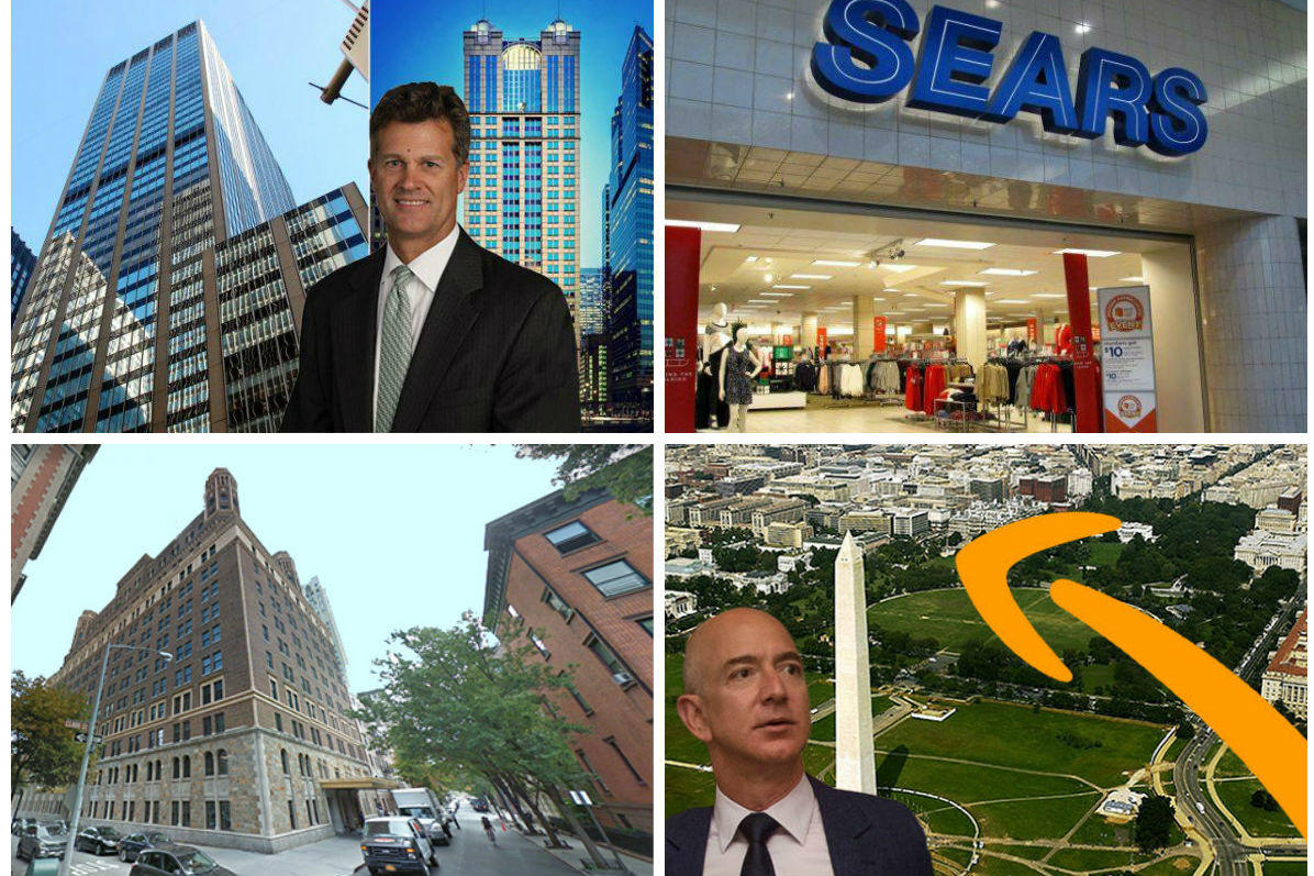 Clockwise from top left: Cushman &amp; Wakefield chairman and CEO Brett White, a Sears store, Jeff Bezos, and Kayne Anderson-owned 21 Clark Street.